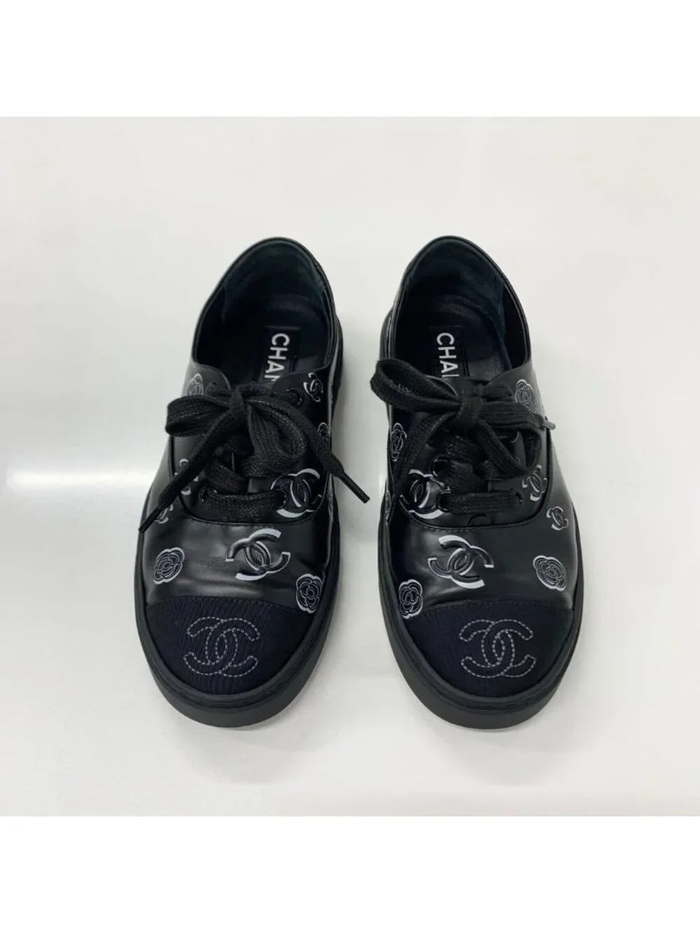 Chanel CC Logo Camellia Leather Fabric Sneakers Black